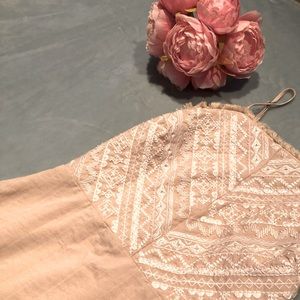 Strapless embroidered detail tan dress